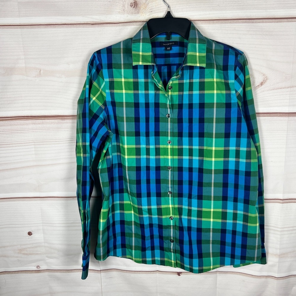 Lands End Top Womens 12 Tall Blue Green Tartan Shirt No Iron Supima Button Up